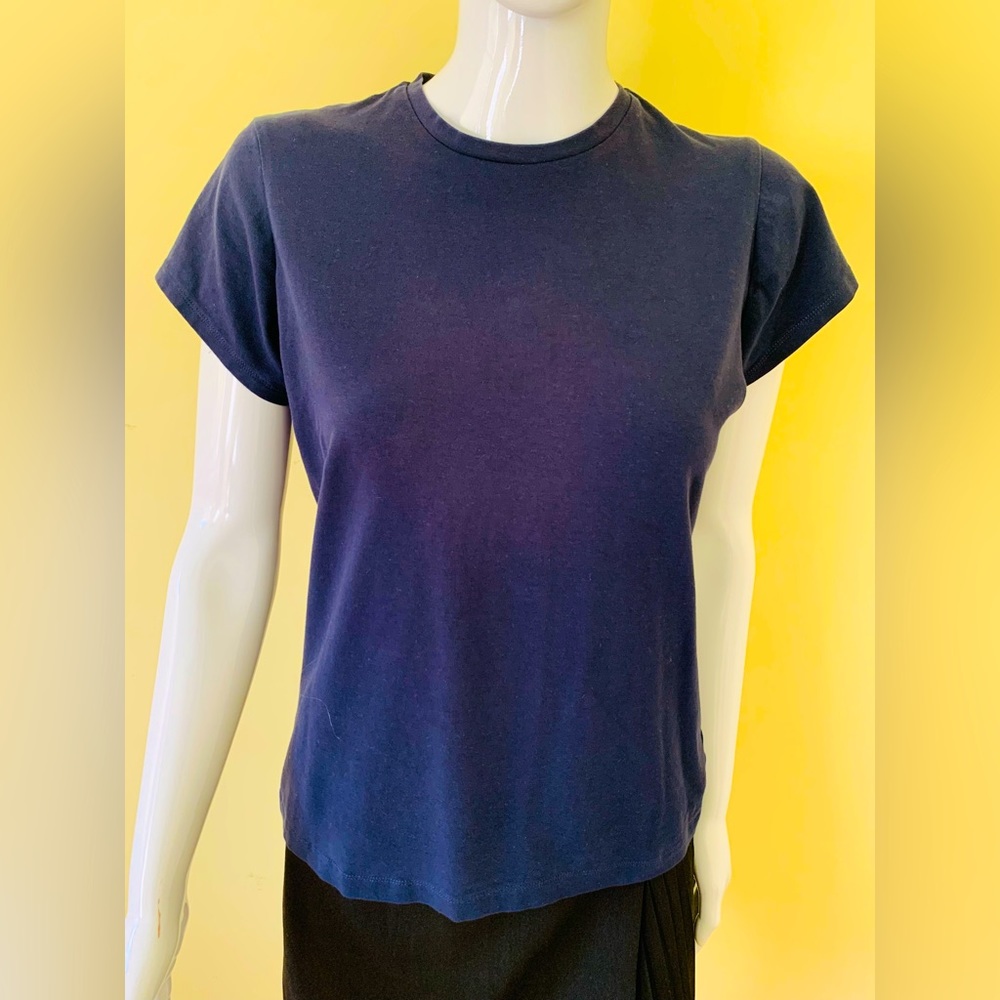 Jones New York Luxe navy blue crew neck top 91% cotton short sleeves US S to M
